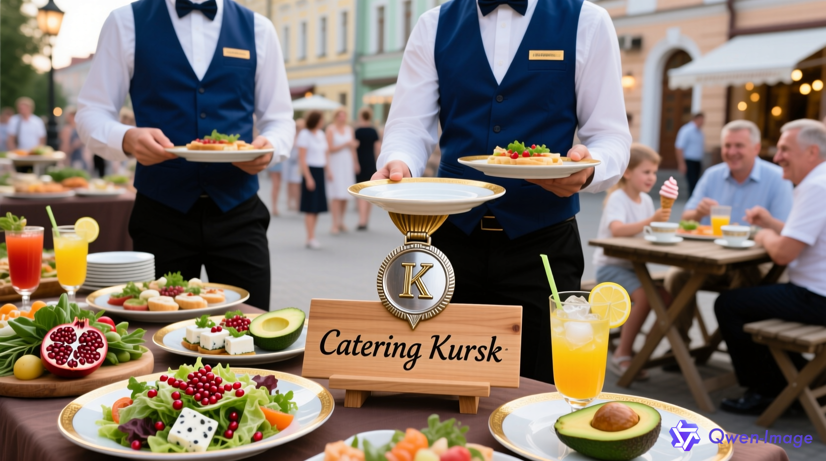 Иллюстрация кейтерингового мероприятия в Курске. Изображение показывает профессионально организованное обслуживание на улице, с официантами в униформе, подающими блюда на сервировочных тарелках. На заднем плане видны гости, наслаждающиеся атмосферой мероприятия. Столы украшены свежими блюдами, салатами, закусками и напитками. В центре композиции находится логотип кейтеринговой компании, демонстрирующий профессиональный подход. Освещение теплее, создает уютную атмосферу. Цвета насыщенные, с акцентом на свежесть продуктов и высокий уровень сервиса.