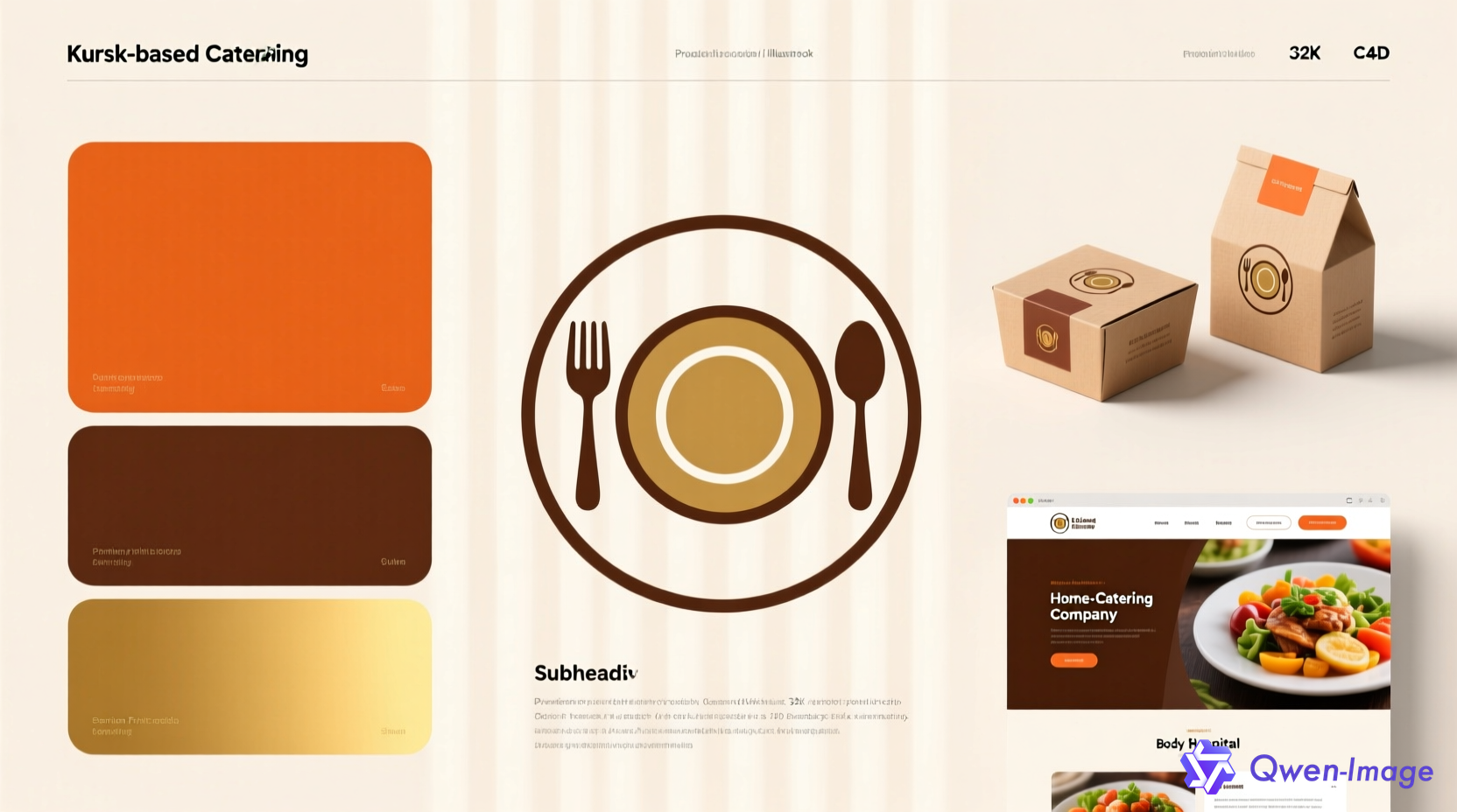 Иллюстрация современного брендбука кейтеринговой компании в Курске. Изображение показывает структурированный документ с логотипом, цветовой палитрой, шрифтами и примерами применения бренда. Центральная часть содержит логотип в круглом формате с символами, связанными с кулинарией - вилкой, ложкой и тарелкой. Вокруг расположены образцы цветов: теплые оттенки оранжевого, коричневого и золотистого, символизирующие гастрономию и домашний уют. Справа показаны примеры брендирования упаковки и веб-сайта. Текст на изображении выполнен в стиле современного брендбука с четкими заголовками и структурой. Фон светлый с легкими градиентами.