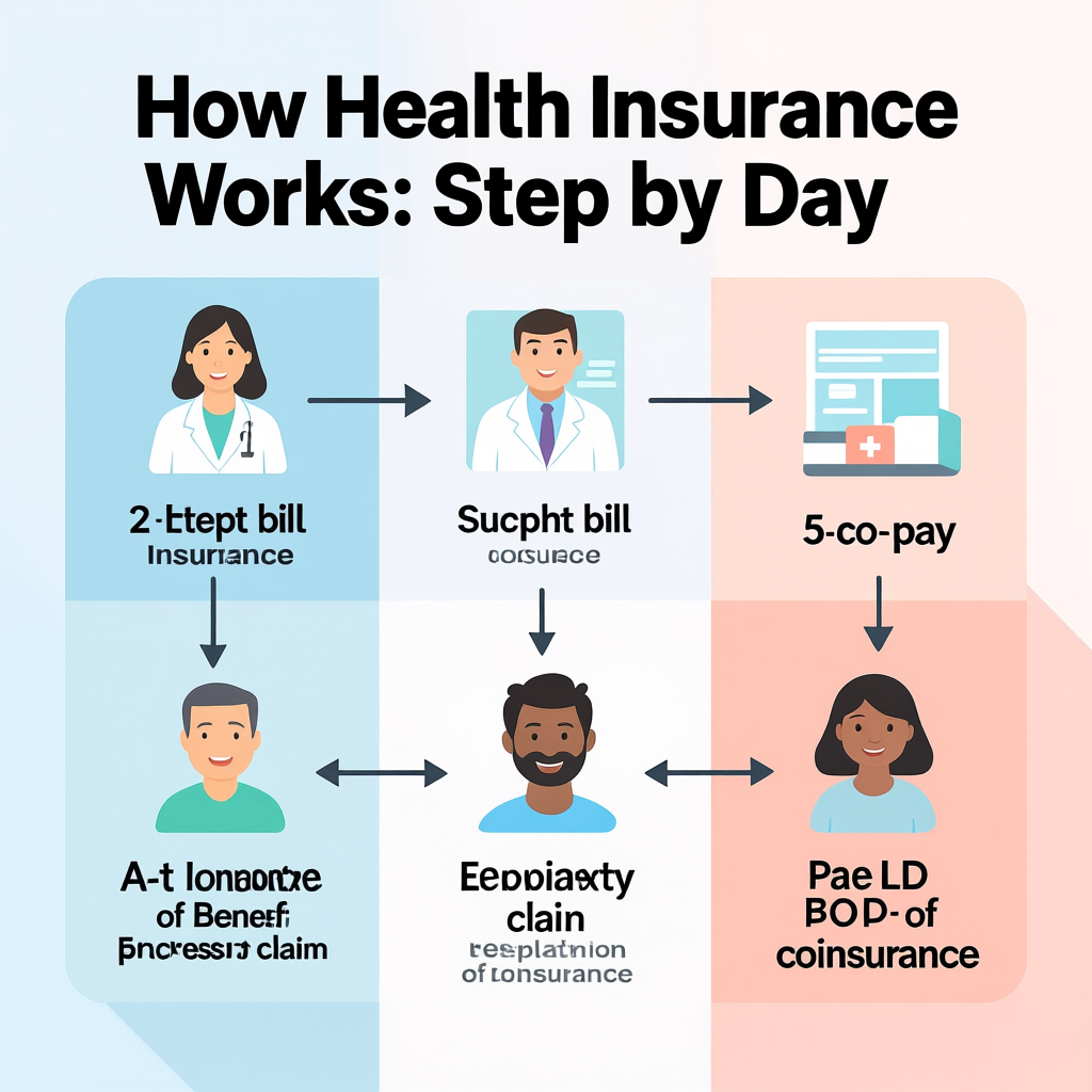 Step-by-step illustration of how health insurance works from doctor visit to claim processing and patient payment