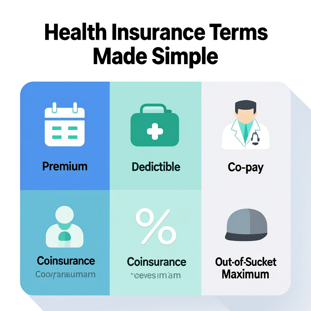 Visual explanation of health insurance terms: premium, deductible, co-pay, coinsurance, and out-of-pocket maximum