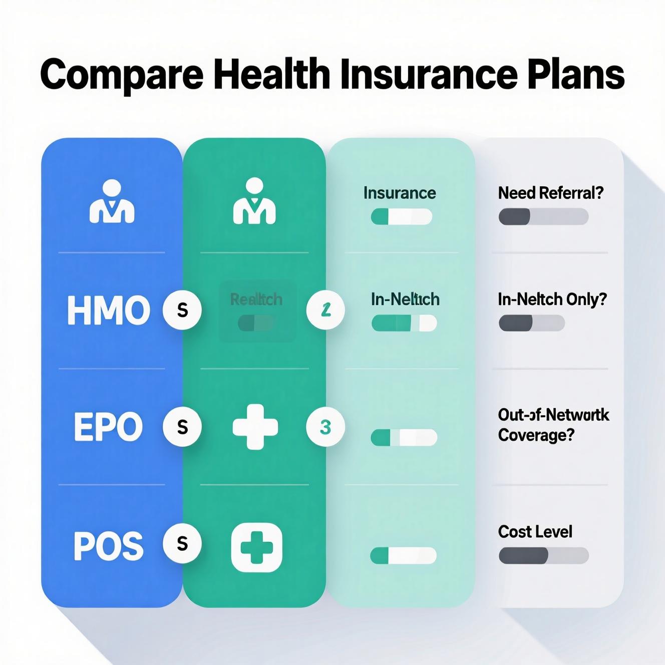 Infographic comparing HMO, PPO, EPO, and POS health insurance plans with features like referrals, network coverage, and cost