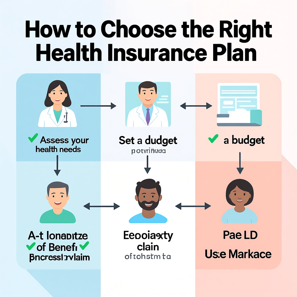 Checklist for choosing the right health insurance plan: health needs, budget, network, prescriptions, out-of-pocket max, and marketplace use