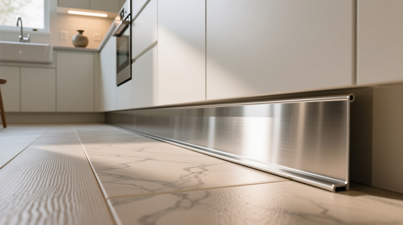 Нержавеющий плинтус на кухне