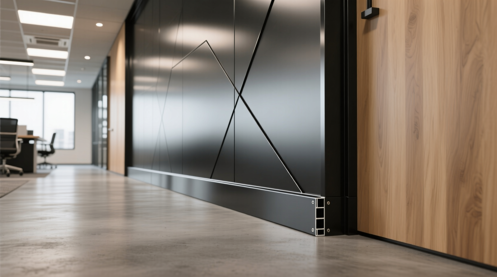 Ударопрочный алюминиевый плинтус в офисном помещении