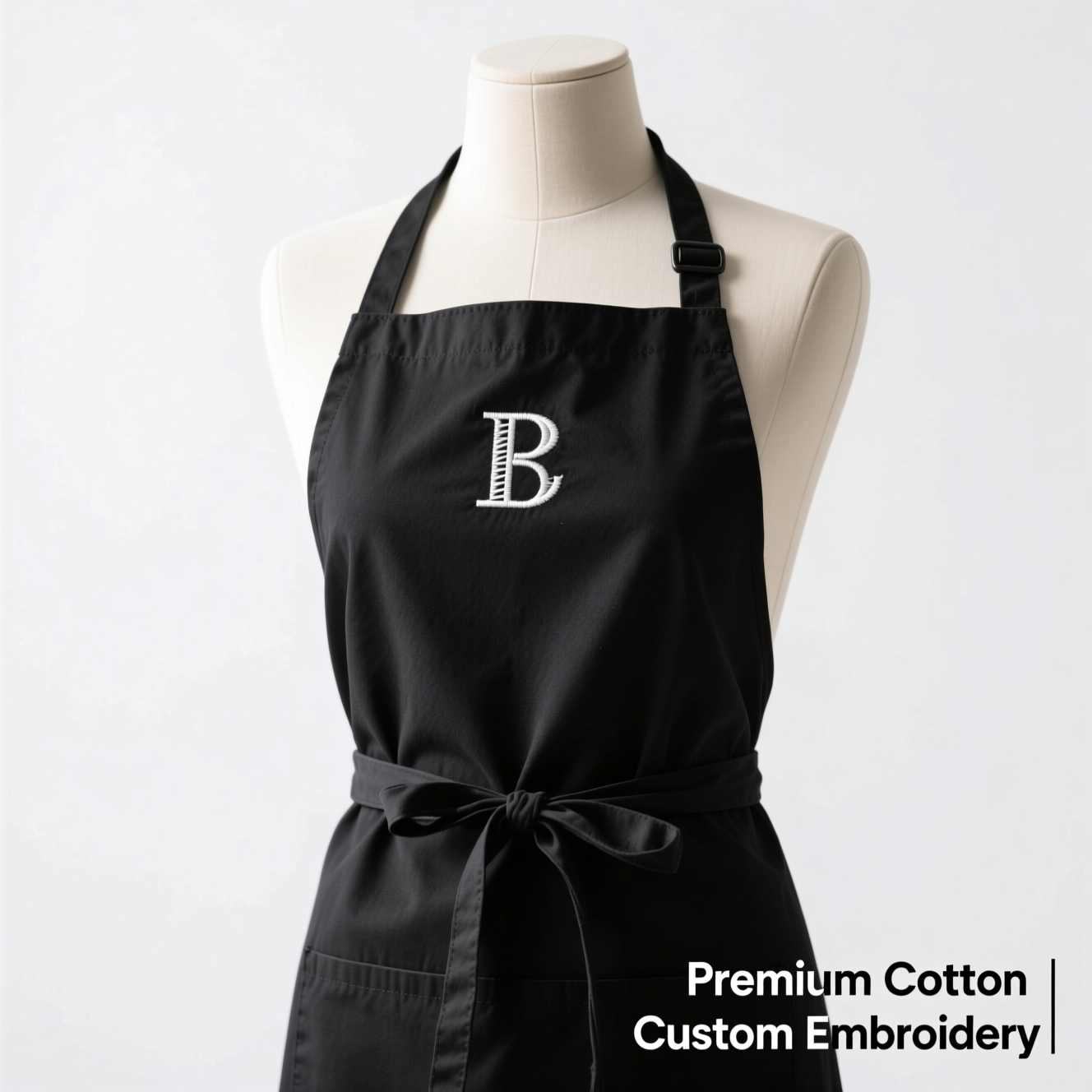 Custom printed black premium apron with white embroidered logo