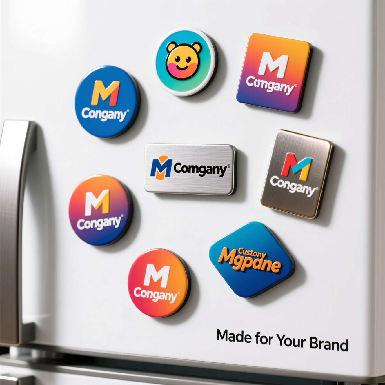 Professional custom printed fridge magnets with company logos displayed on refrigerator