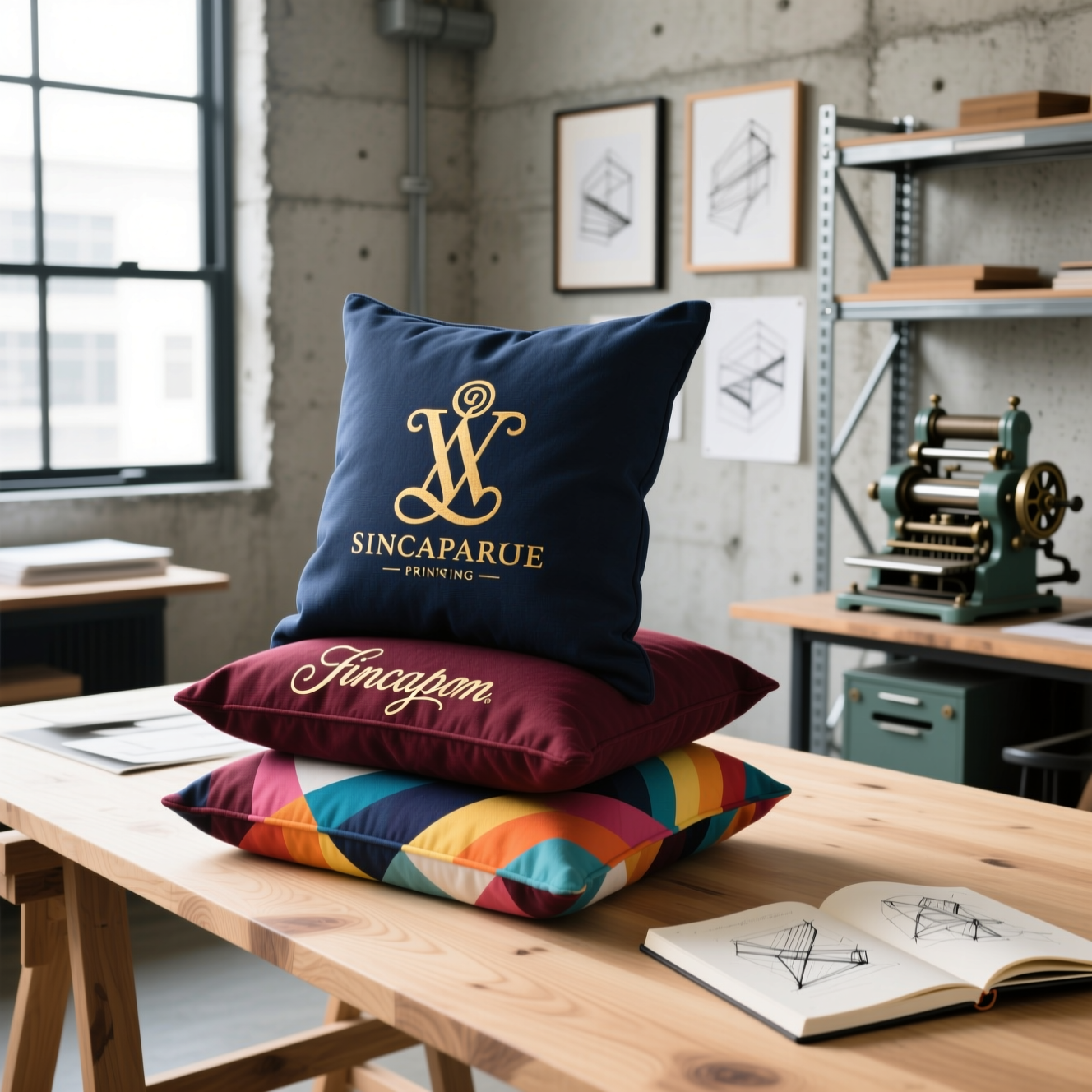 Assorted custom canvas cushion covers with logo, monogram and pattern in Singapore printing studio