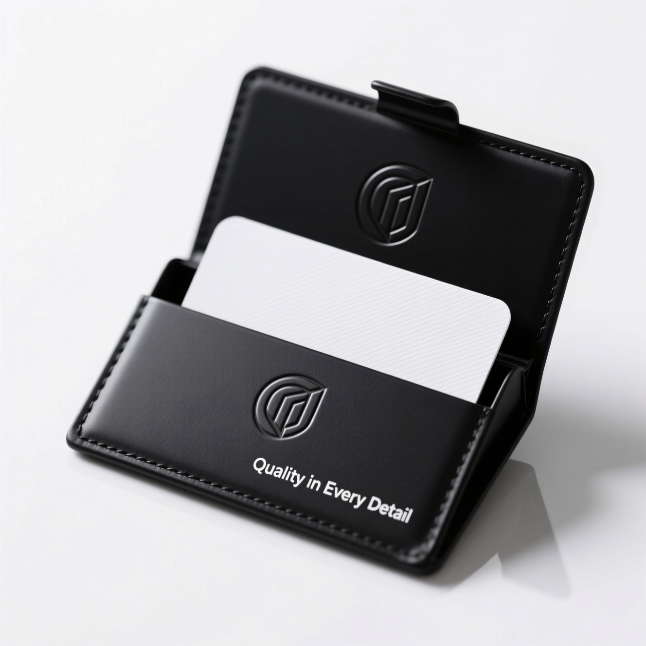Custom printed card holder featuring company logo and 'Quality in Every Detail' message with professional packaging