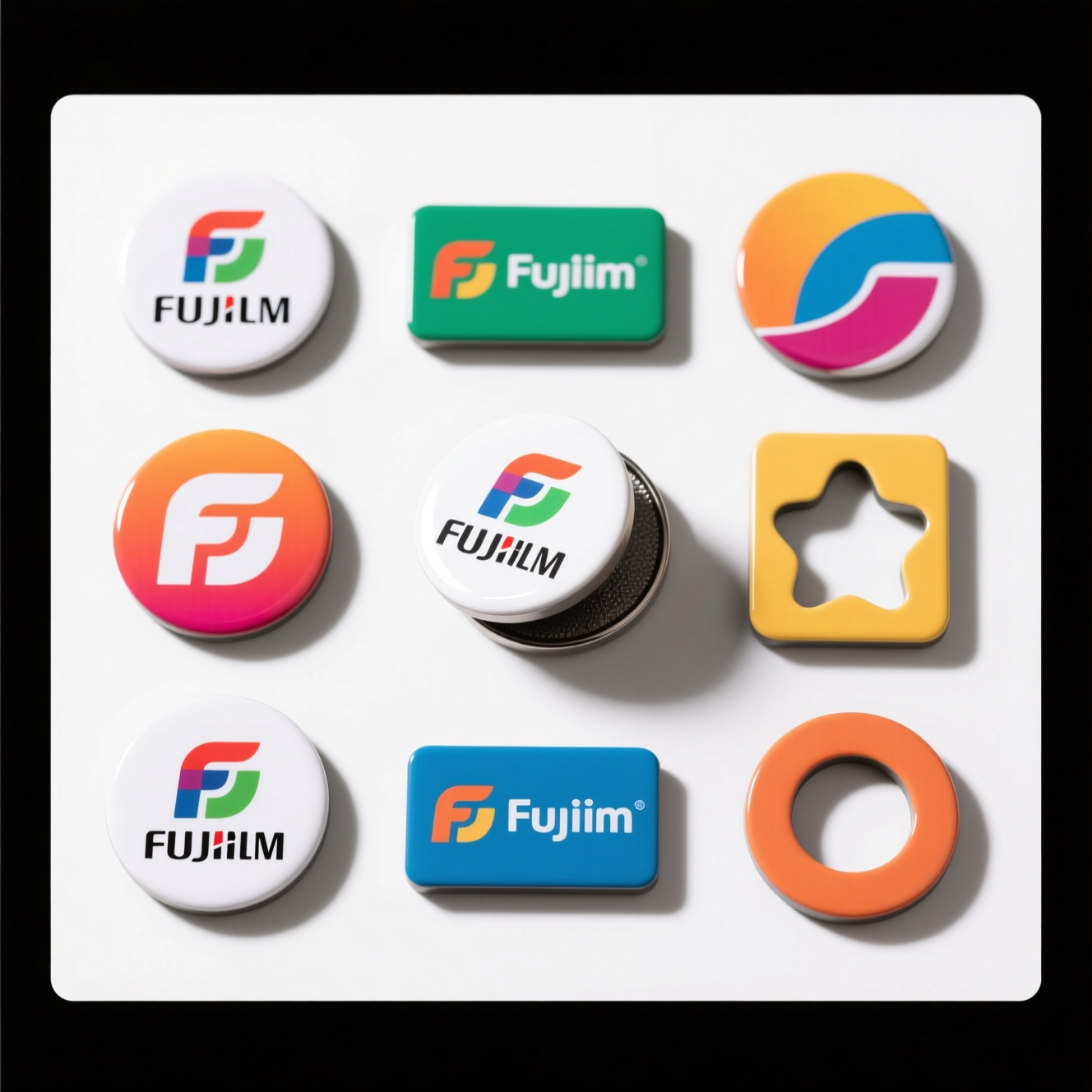 Professional custom printed fridge magnets with company logos displayed on refrigerator