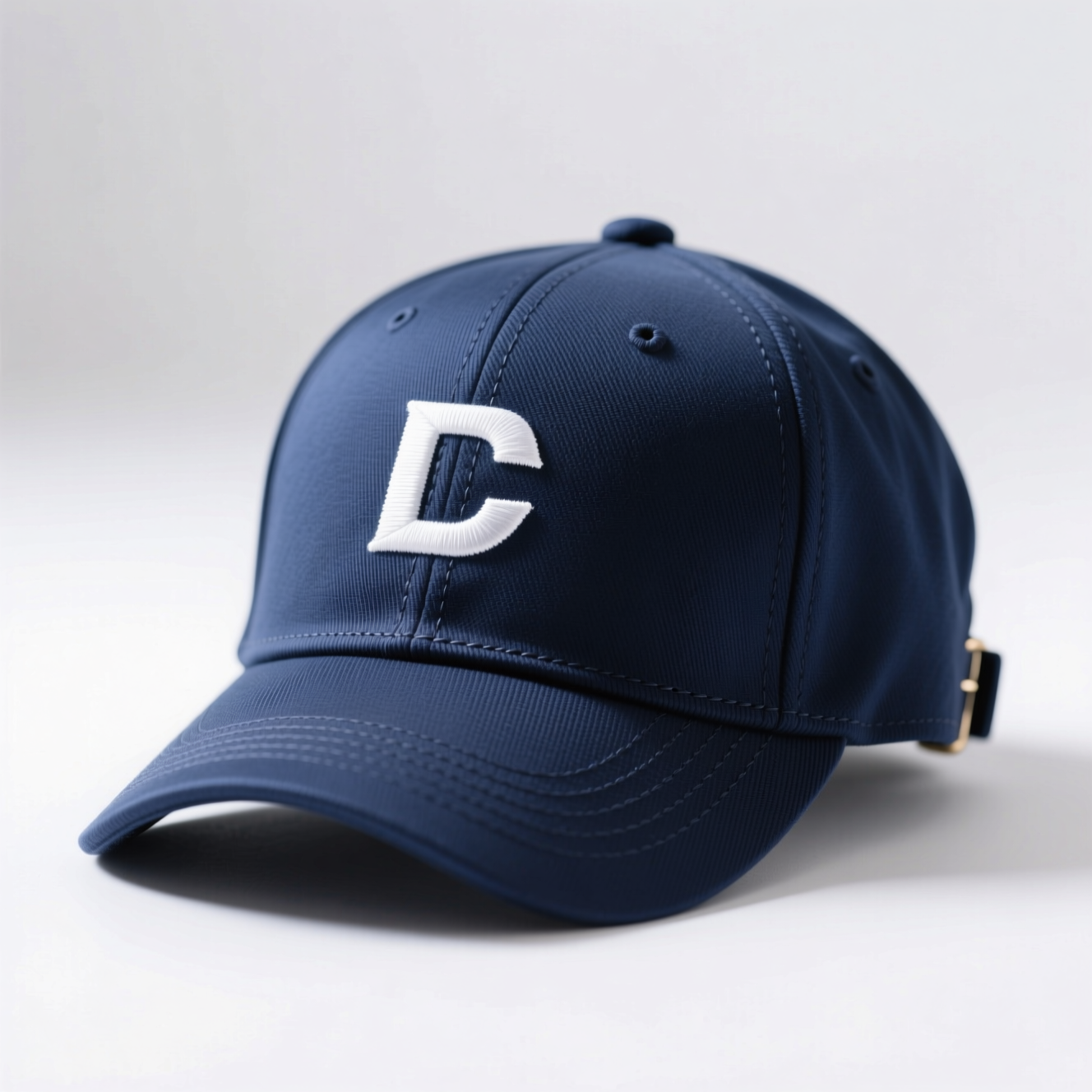 Custom printed navy blue baseball cap with white embroidered logo