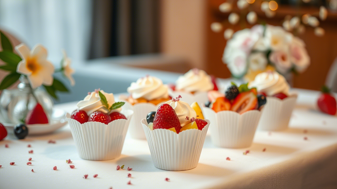 Gobelets à dessert avec fruits et crèmes