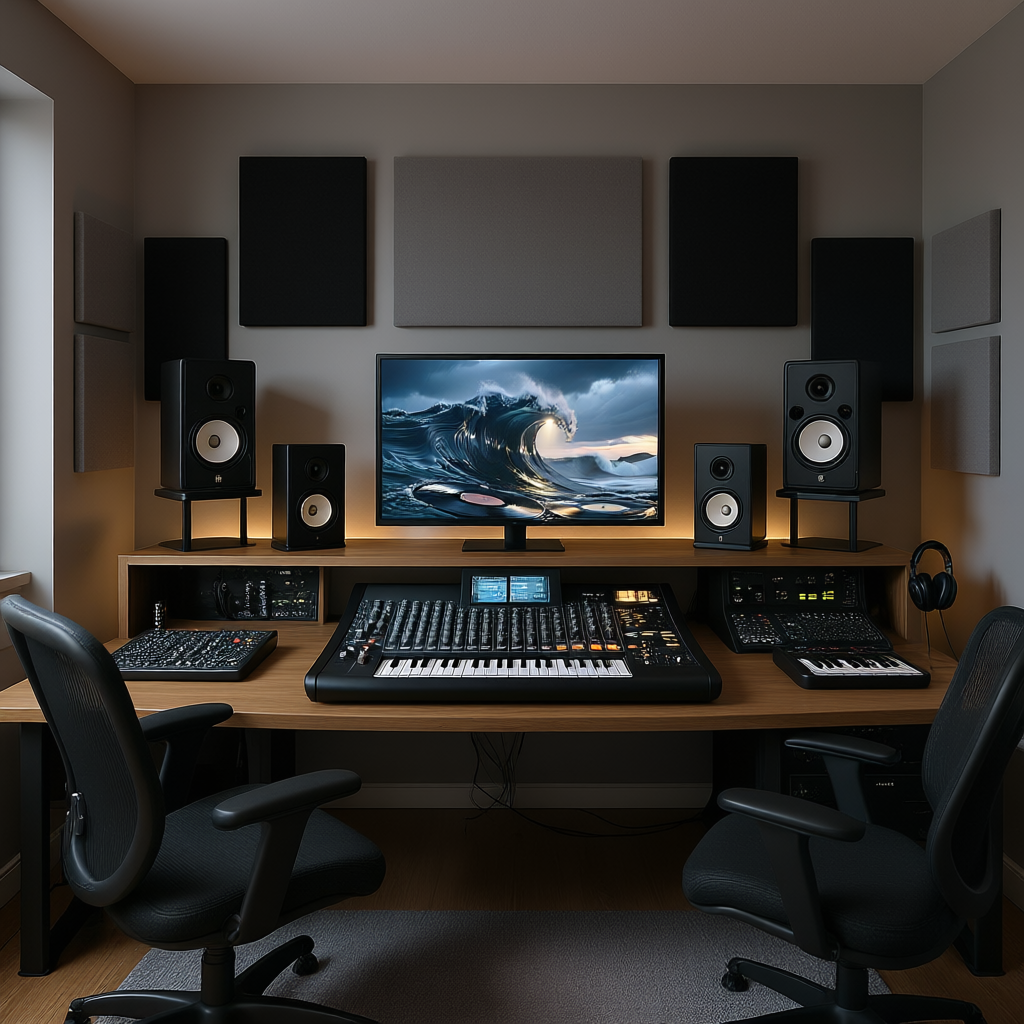 Home studio équipé avec interface audio, moniteur de studio et clavier maître MIDI