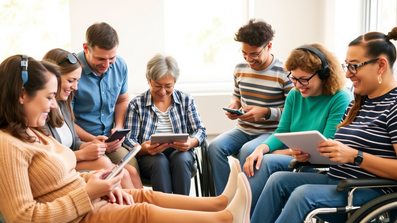 Diverses personnes avec différents handicaps utilisant des appareils numériques