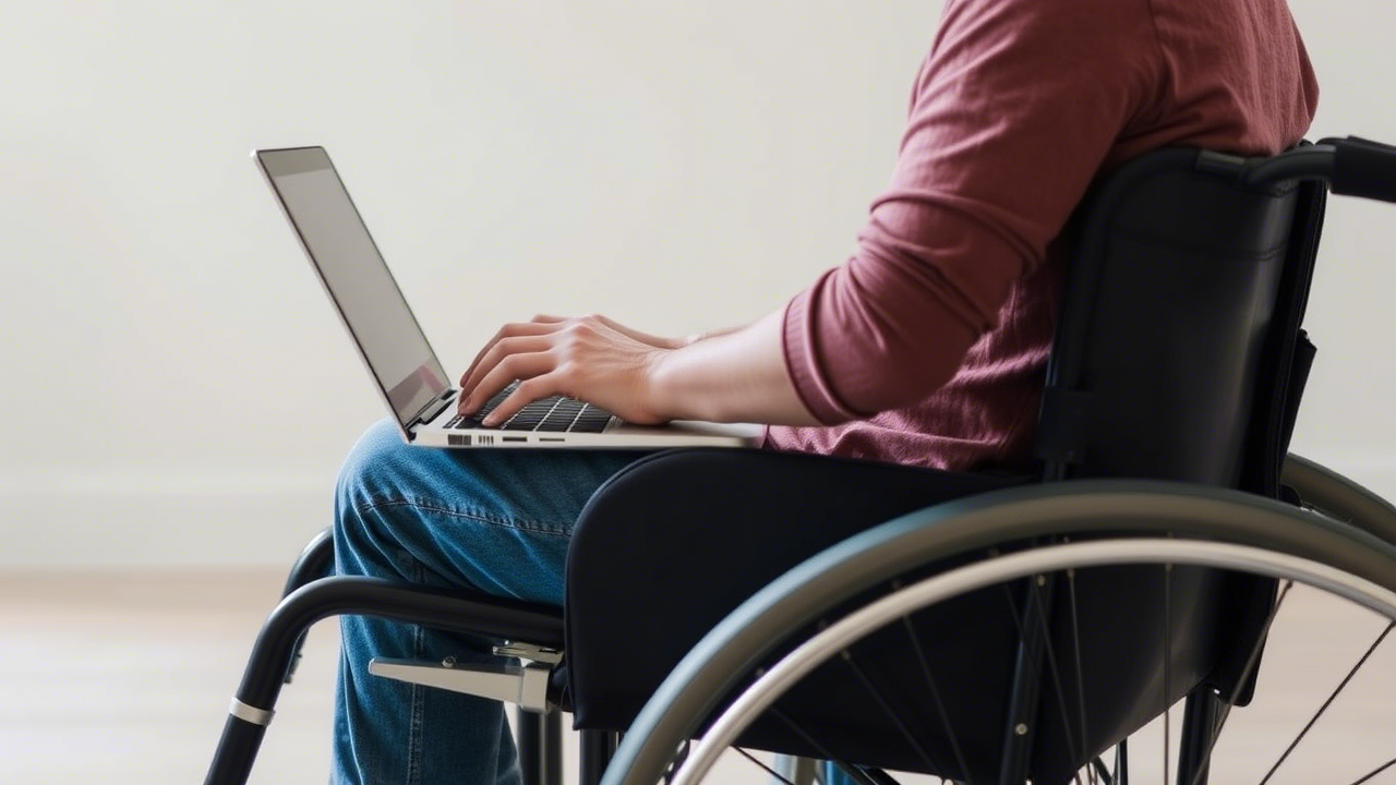 Personne en fauteuil roulant utilisant un ordinateur portable