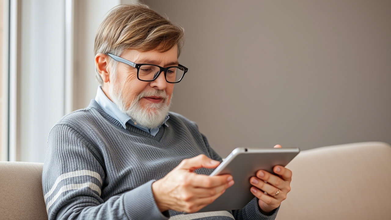 Personne âgée utilisant une tablette avec des lunettes