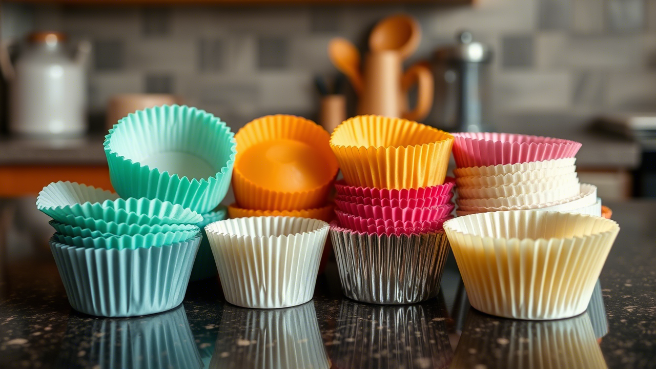 Gobelets de cuisson en papier, silicone et aluminium, alignés sur un plan de travail.