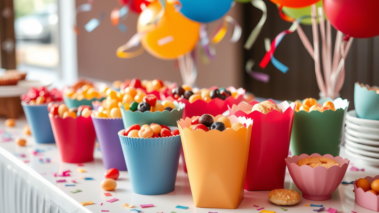 Buffet festif avec des gobelets colorés remplis de bonbons et desserts pour une fête joyeuse et colorée.
