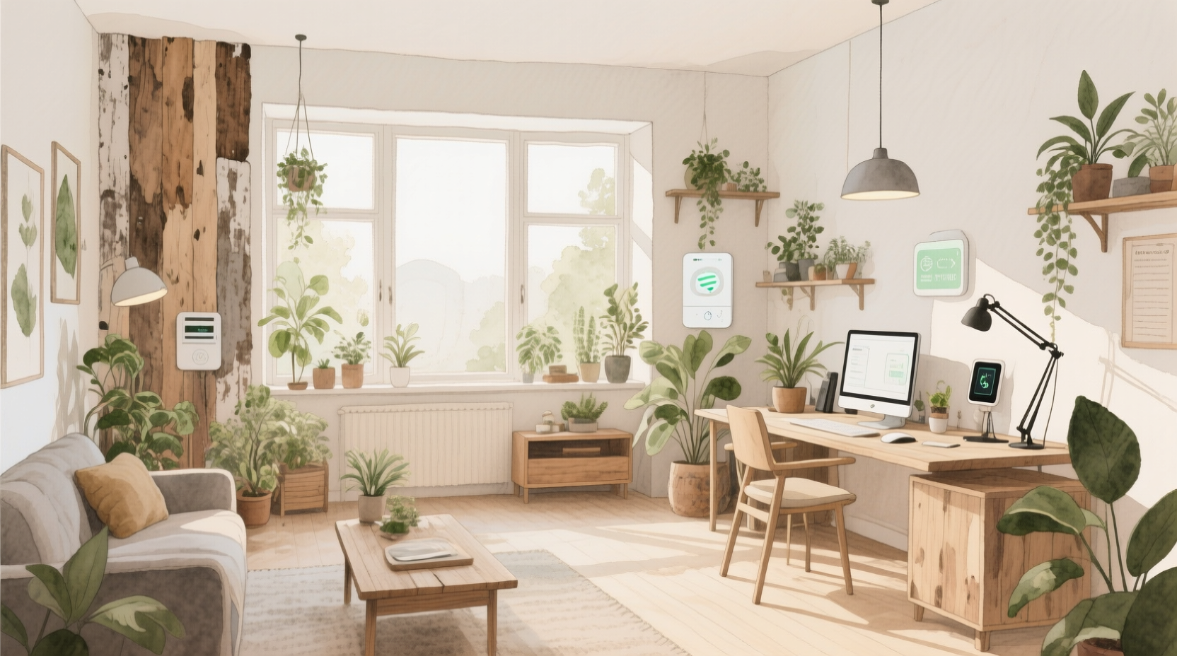 Home studio écologique avec équipement éco-responsable et plantes