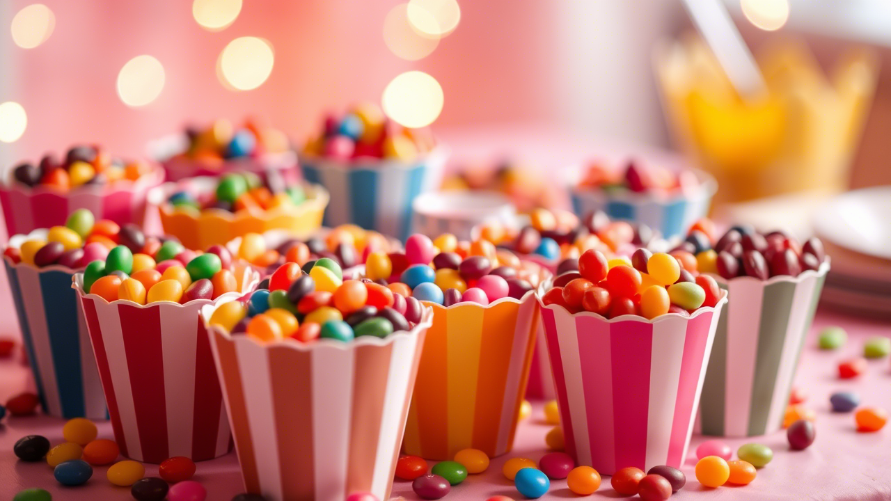Gobelets colorés remplis de bonbons, ambiance festive et gourmande.