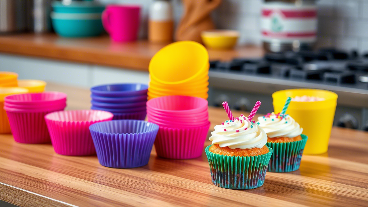 Gobelets de cuisson colorés remplis de cupcakes savoureux, parfaits pour toutes vos pâtisseries et fêtes d'anniversaire.