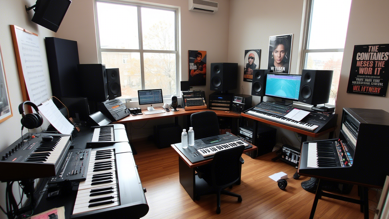 Studio de production musicale moderne avec équipements professionnels pour créer des instrumentaux originaux gratuits