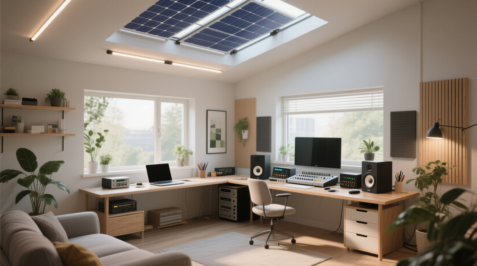 Setup de home studio avec panneaux solaires et équipement éco-responsable